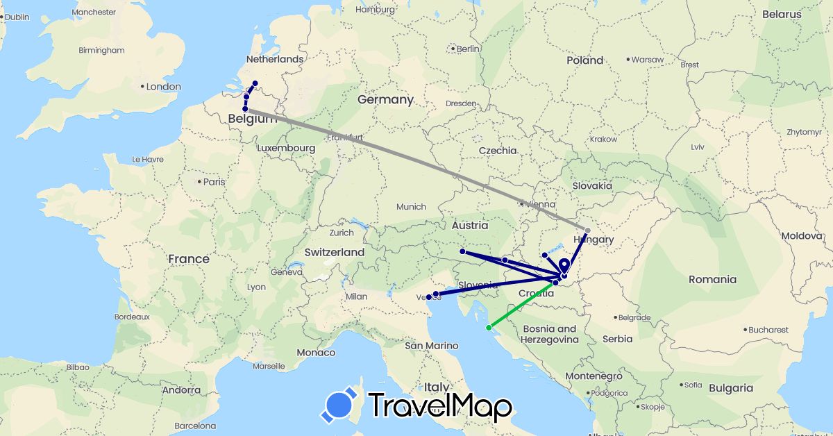 TravelMap itinerary: driving, bus, plane, train in Austria, Belgium, Croatia, Hungary, Italy, Netherlands, Slovenia (Europe)